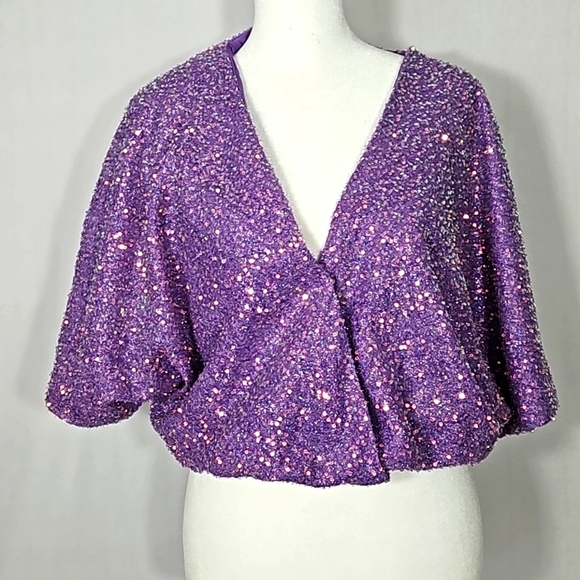 Boutique Women's Purple Sequined Batwing Sequined Blouse Top L - Picture 1 of 8